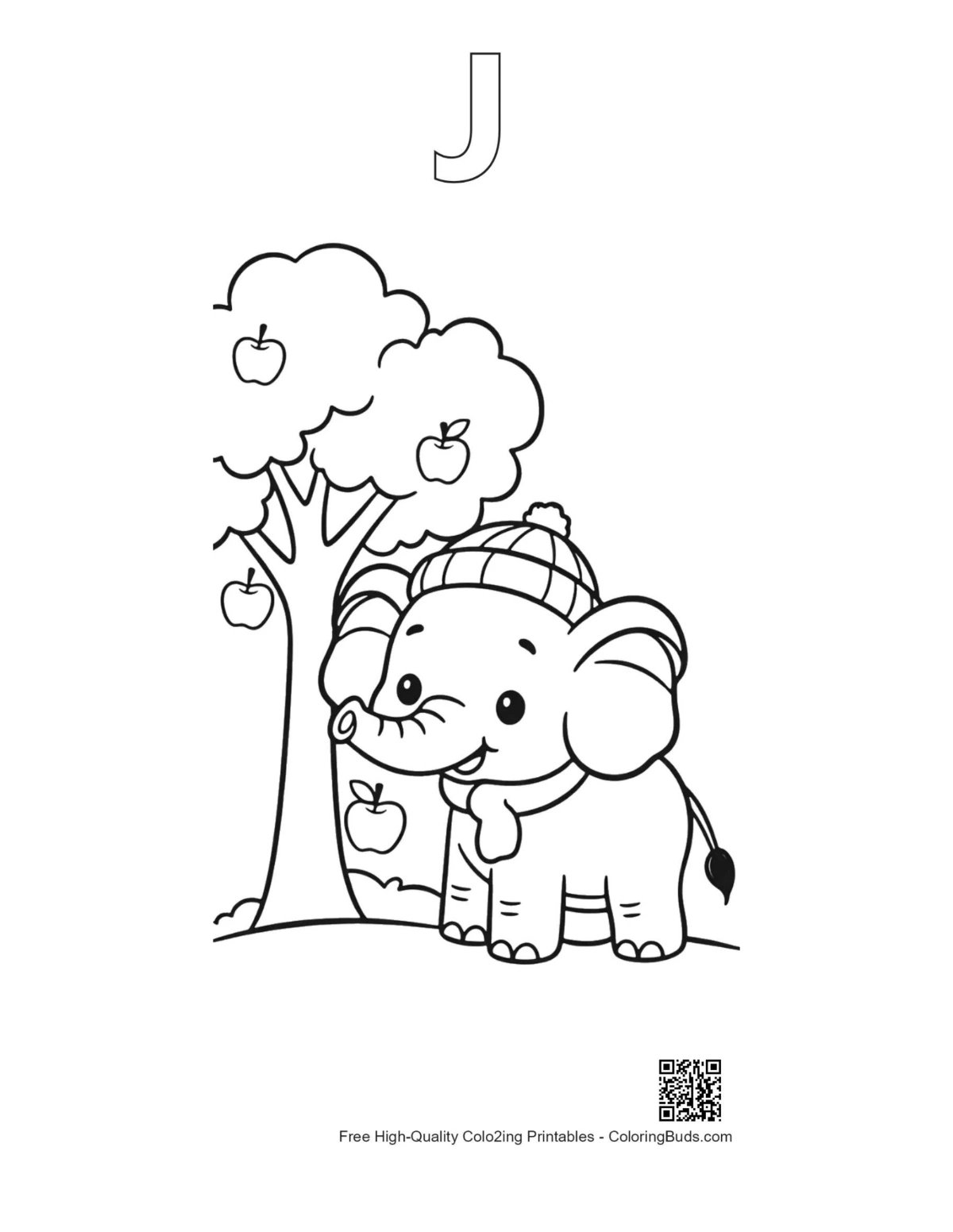 Outline baby Asian elephant winter hat orchard alphabet J printable