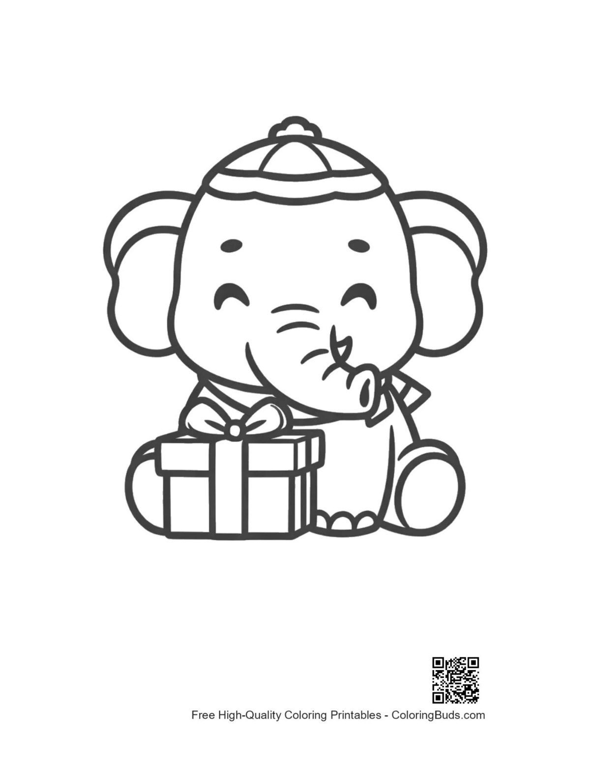 Cute Asian elephant calf in winter hat holding present printable