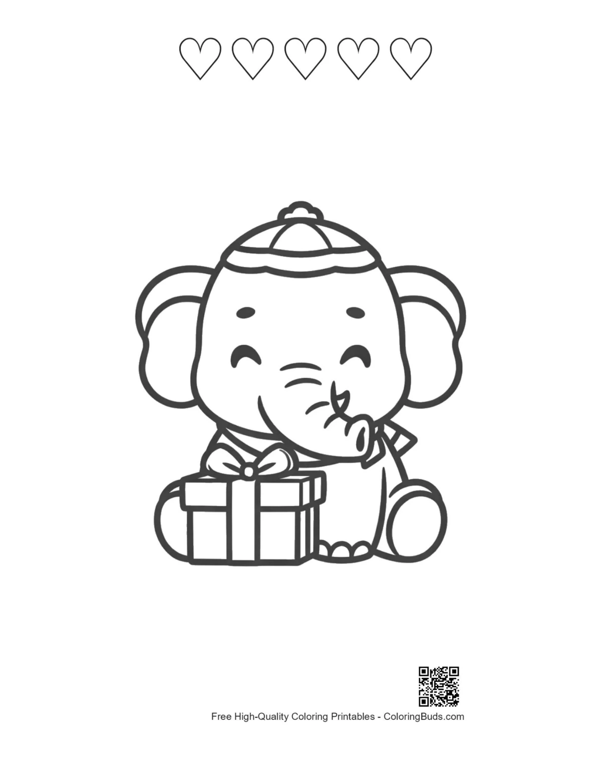 Elephant calf hearts winter hat holding present coloring printable