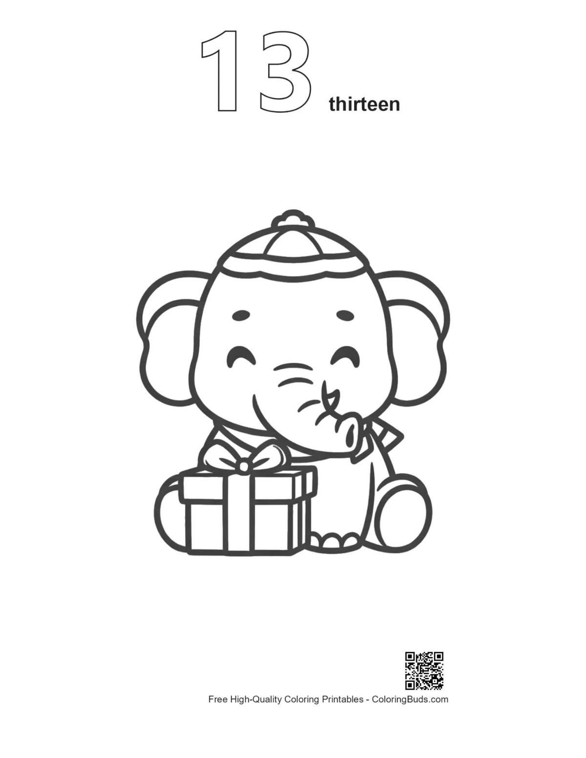 Elephant calf winter hat gift outline number 13 printable coloring