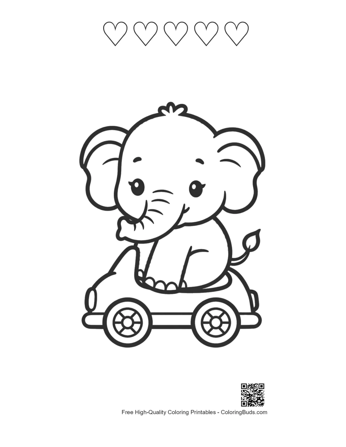 Asian elephant printable 5 hearts outline