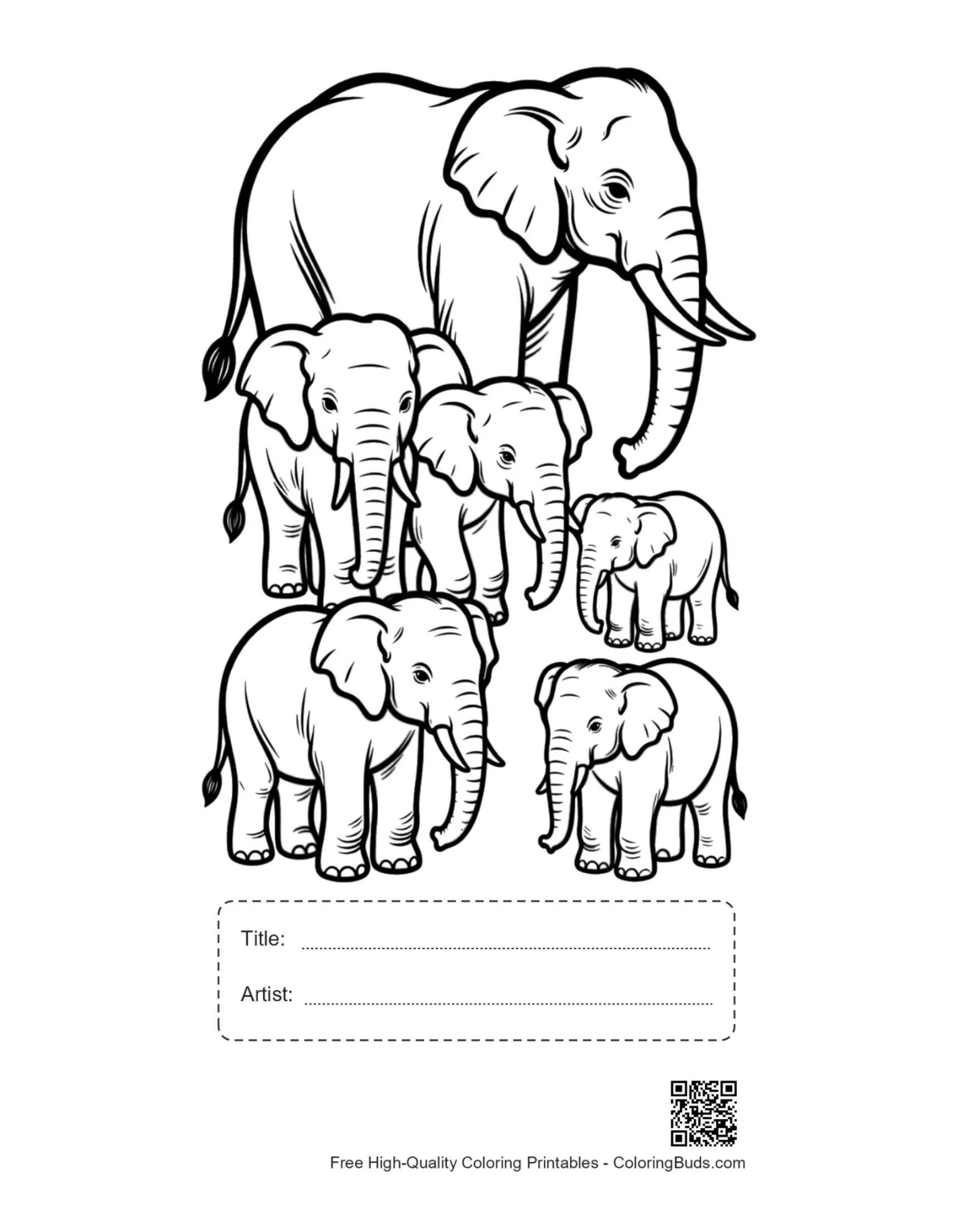 Printable Asian elephant family with title box