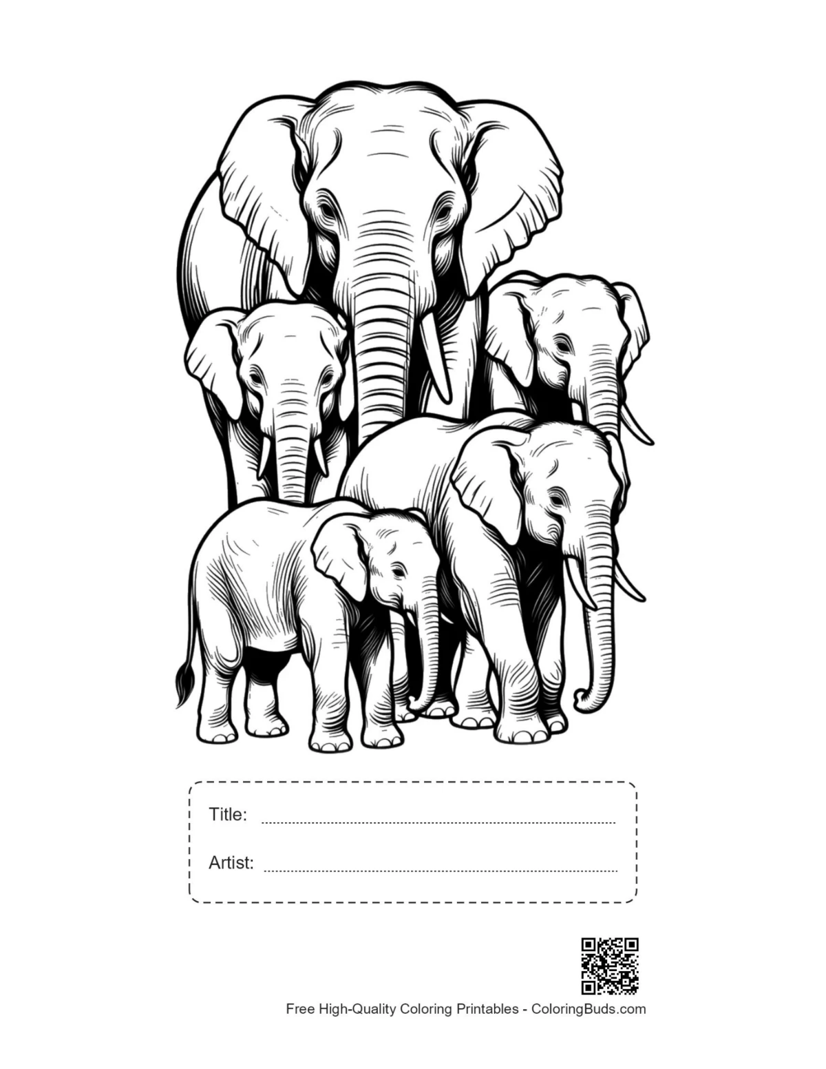 Printable Asian elephant family with title box