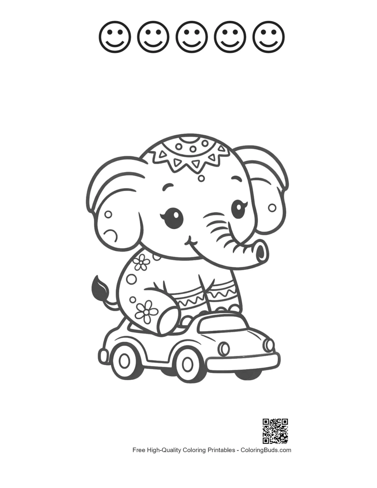 Asian elephant with 5 happy faces outline printable