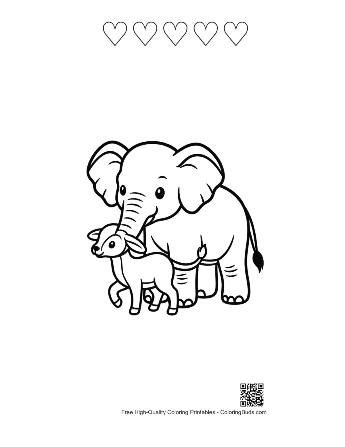Elephant lamb hug with 5 hearts printable