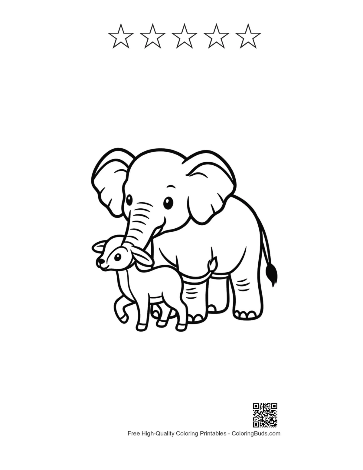 Elephant lamb embrace with 5 stars outline printable