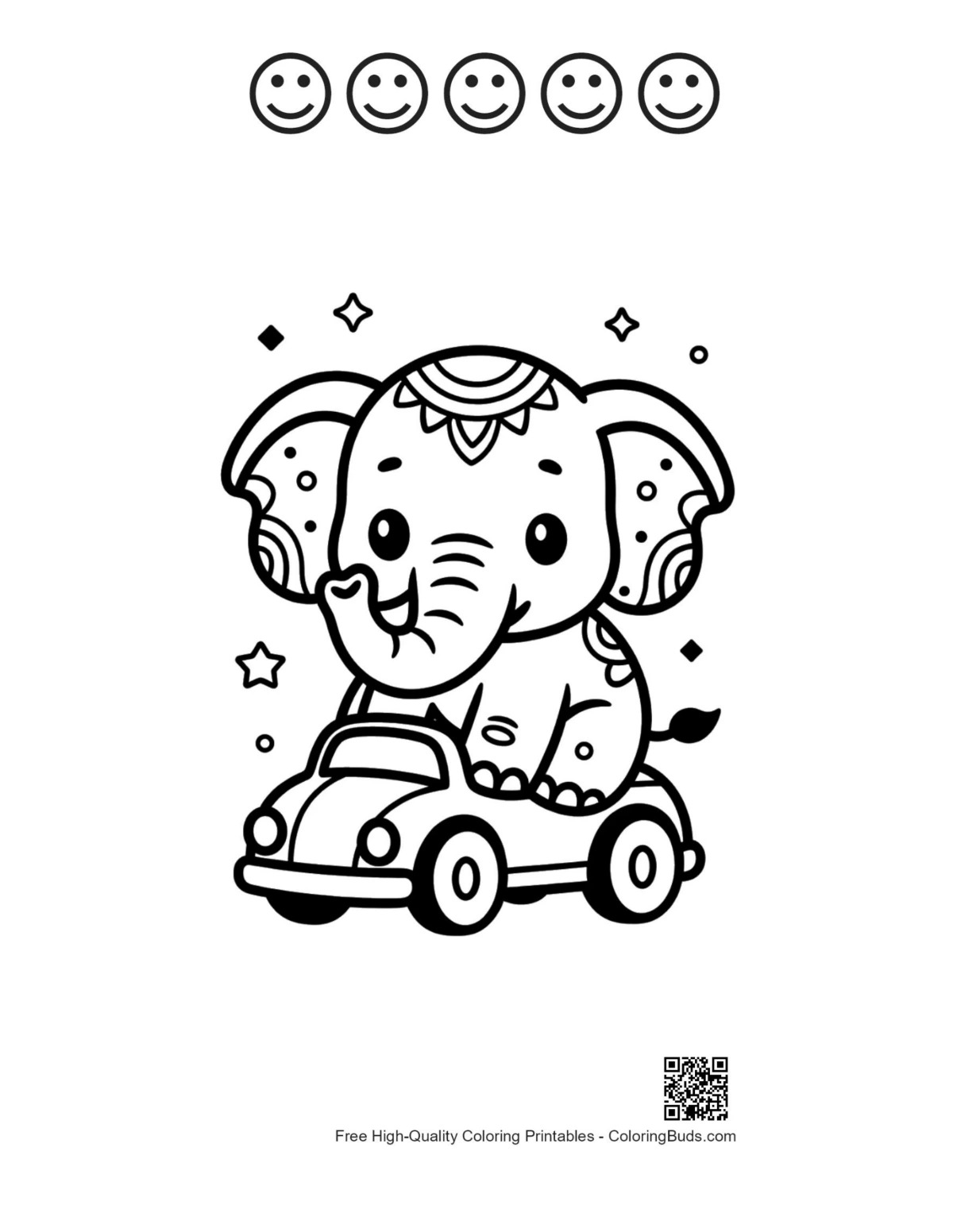 Cute Asian elephant 5 happy faces outline printable