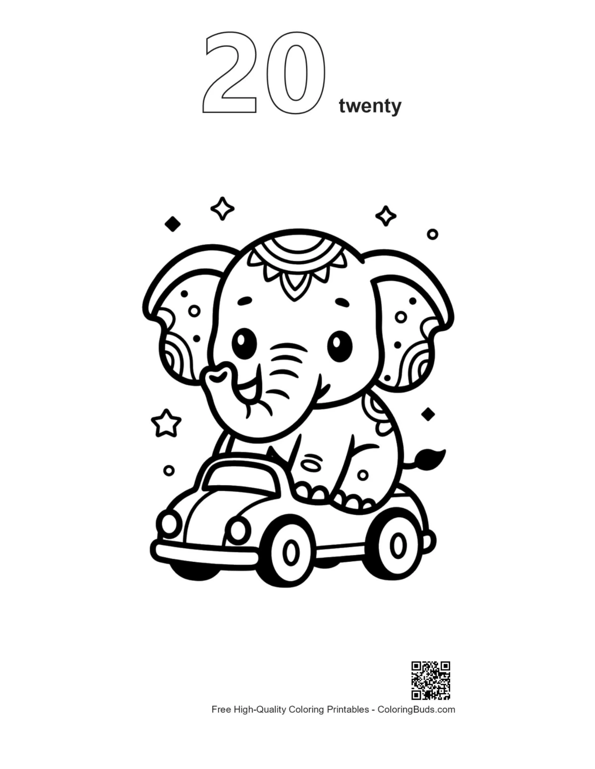 Cute Asian elephant coloring outline number 20