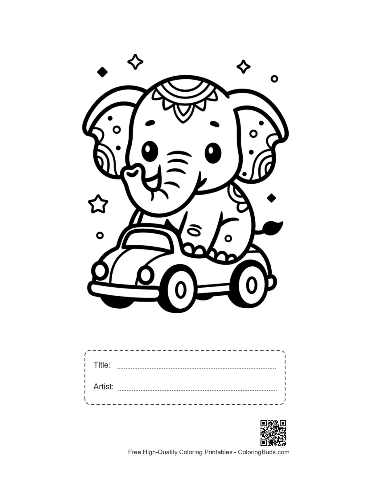 Cute Asian elephant printable with title artist box