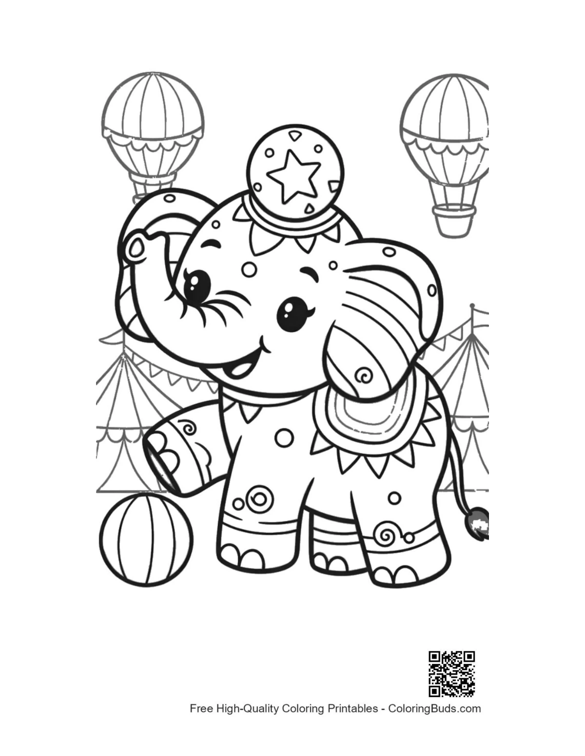 Cute Asian elephant printable coloring page outline