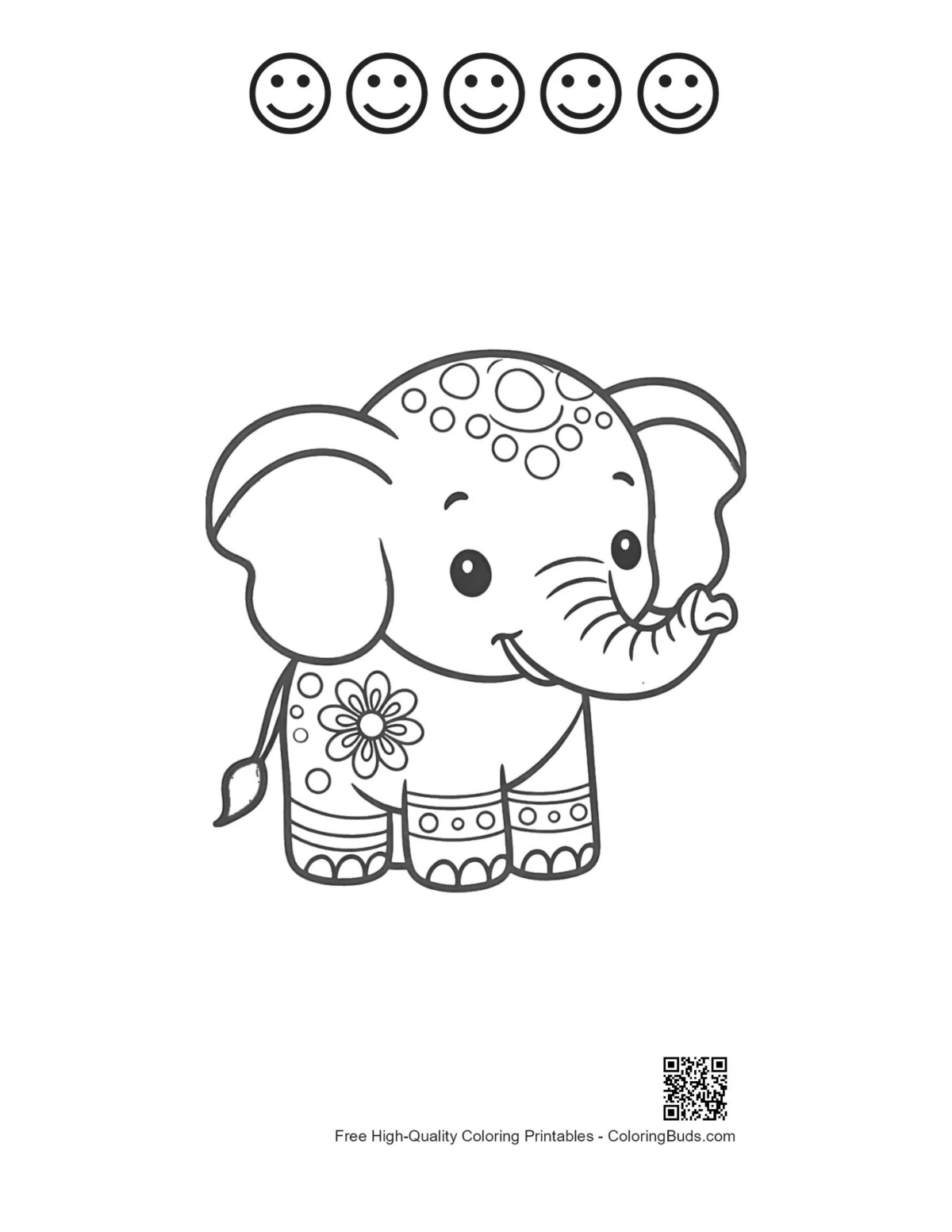 Cute Asian elephant with happy faces printable