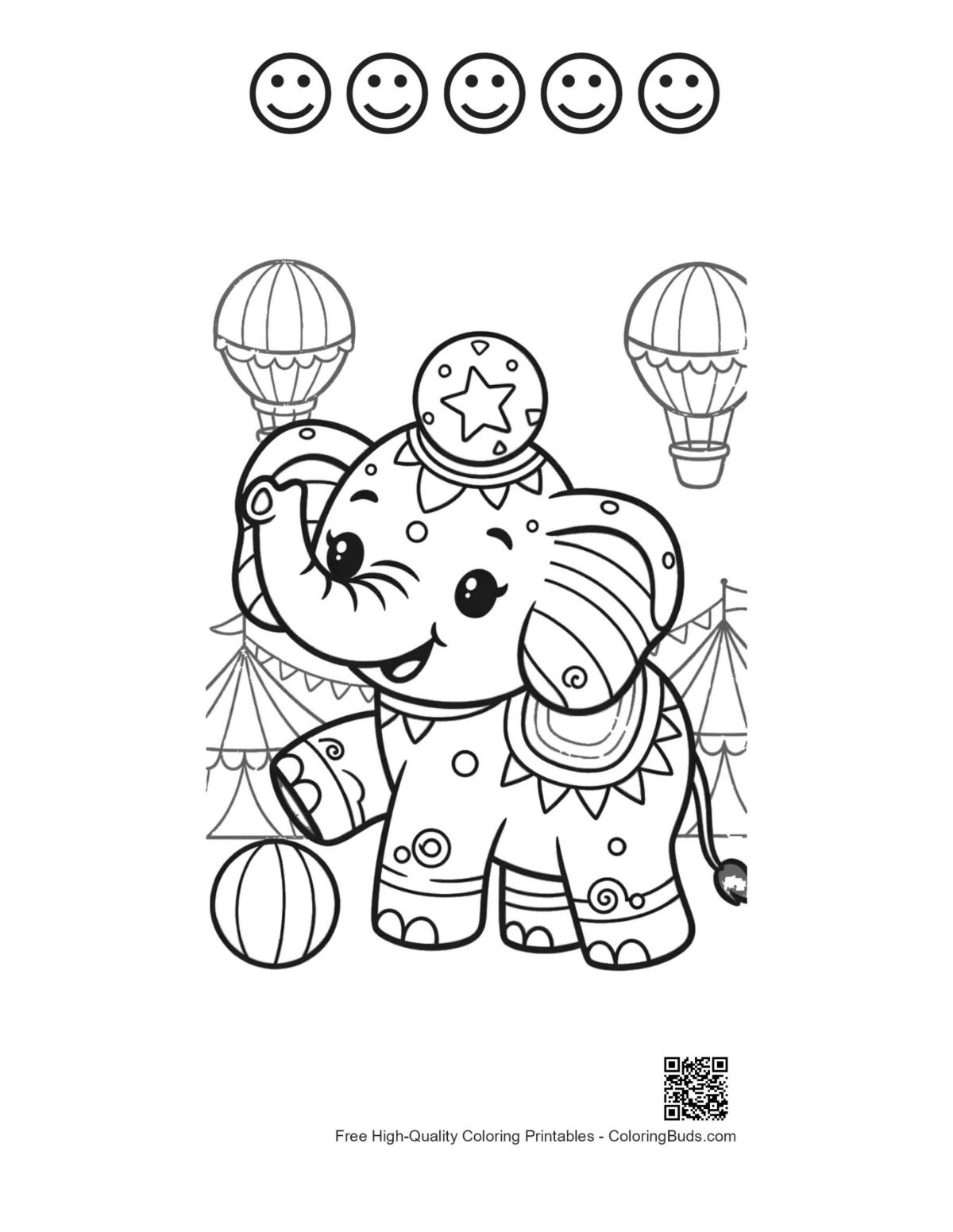 Cute Asian elephant 5 happy faces outline printable page