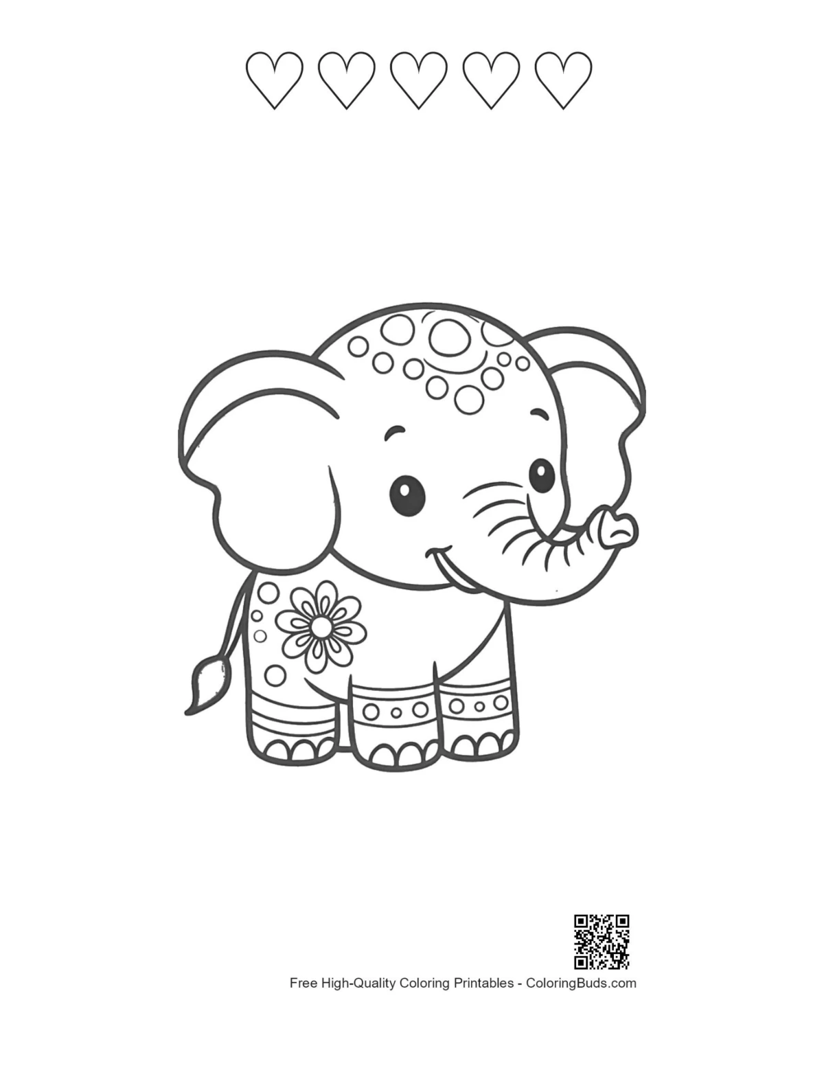 Cute Asian elephant with hearts printable outline