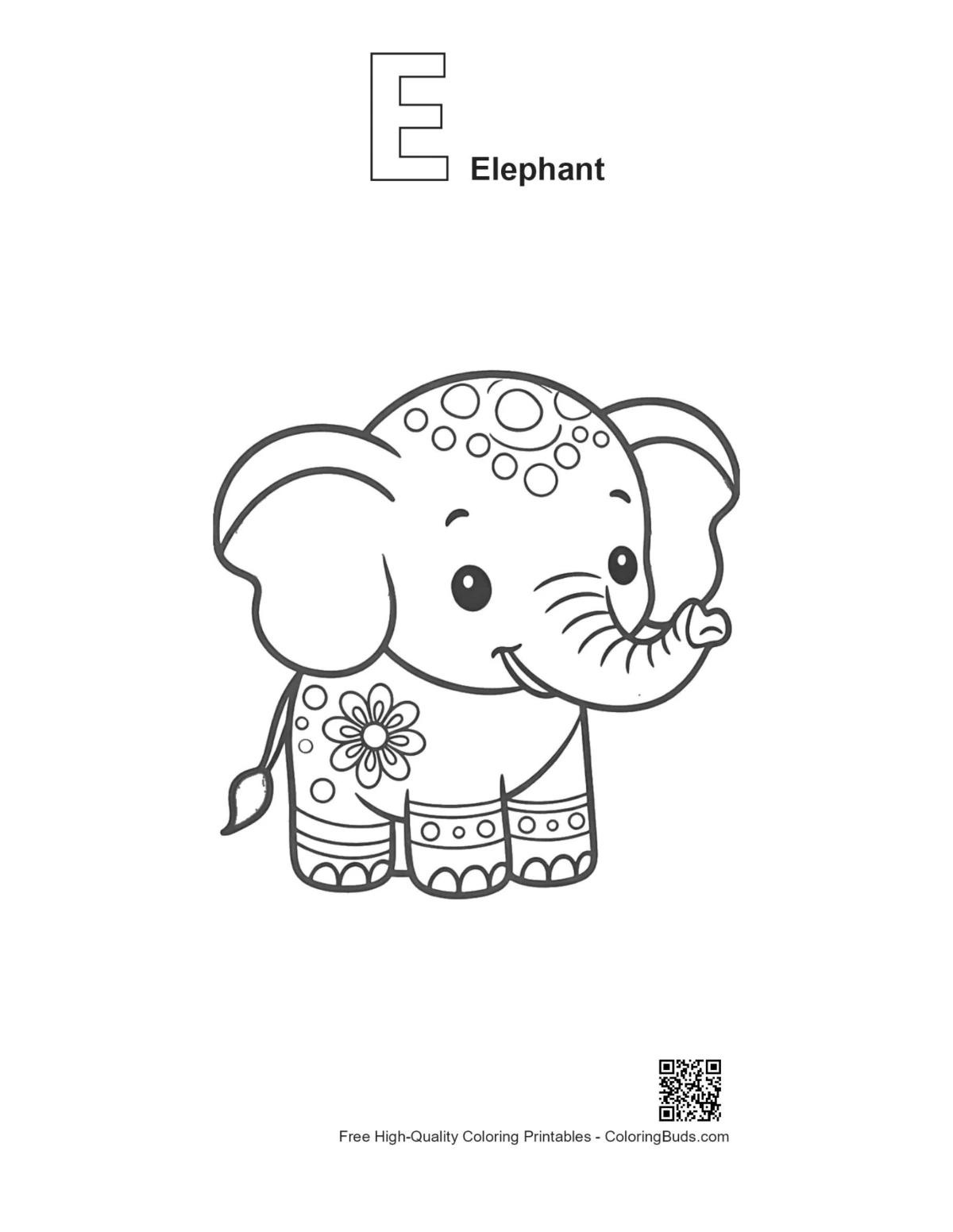 Asian elephant outline printable with alphabet E