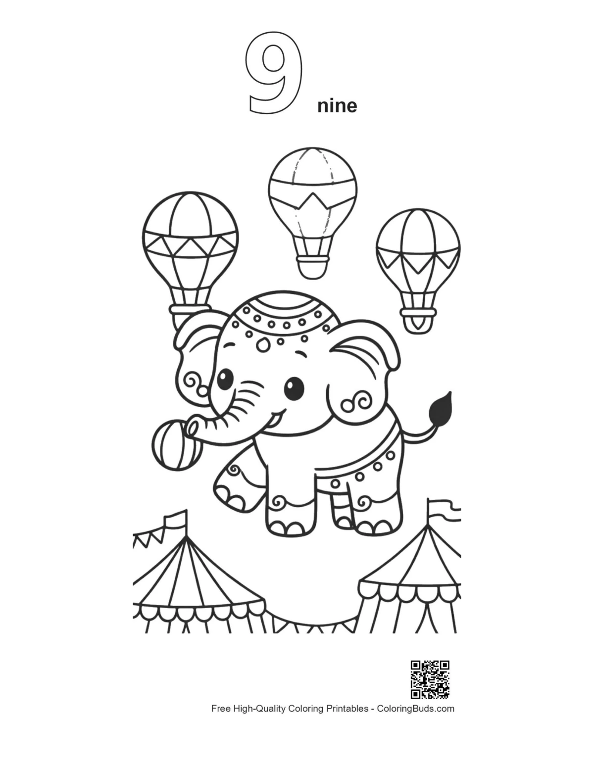Cute Asian elephant outline with number 9 printable