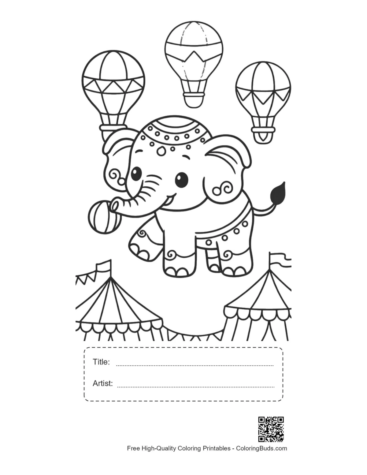 Cute Asian elephant printable with title artist box