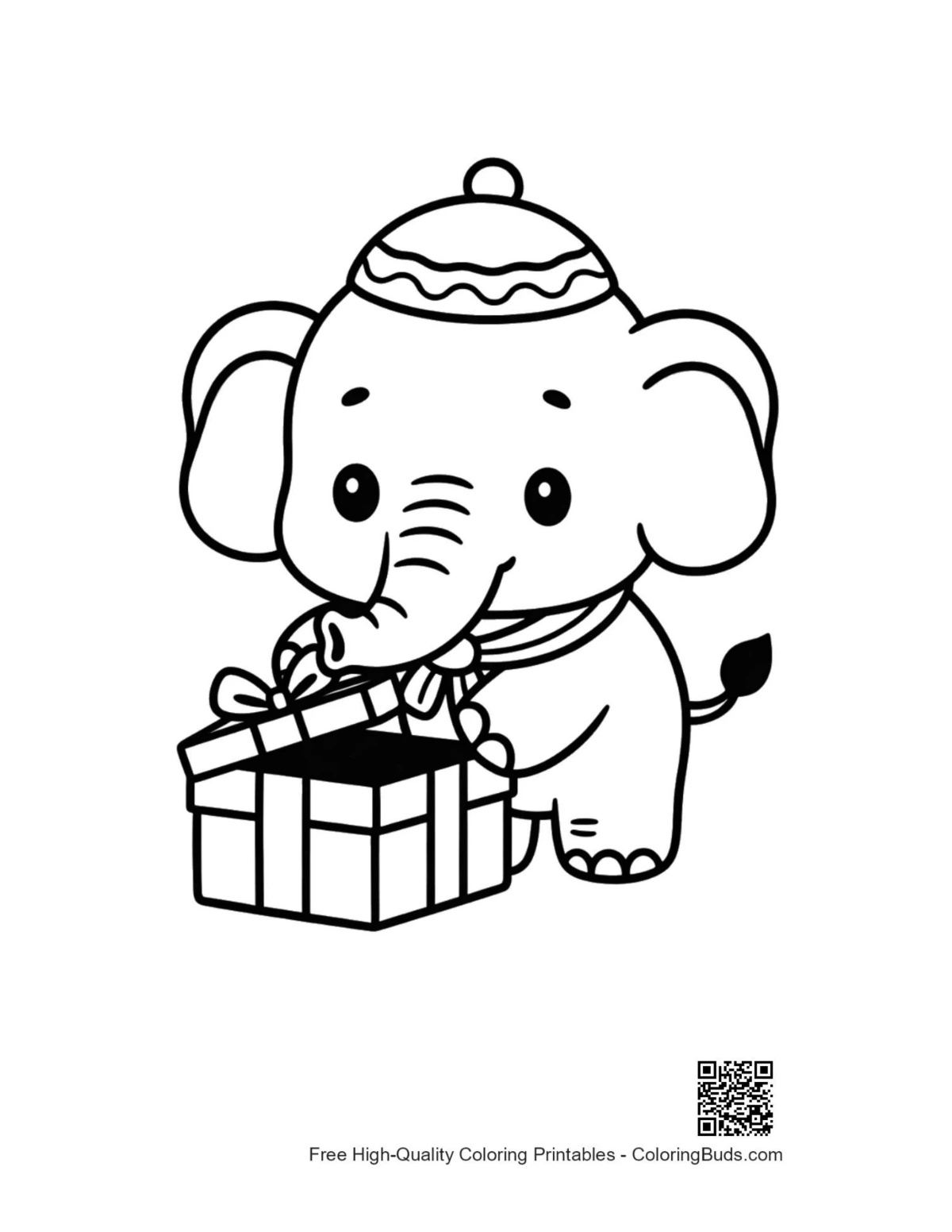 Cute baby Asian elephant opening gift box coloring printable