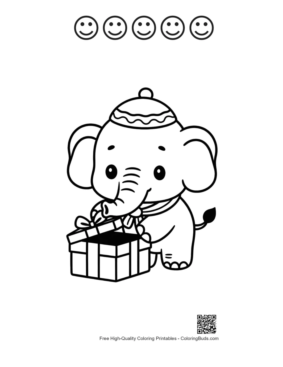 Cute elephant gift box 5 happy faces outline coloring printable