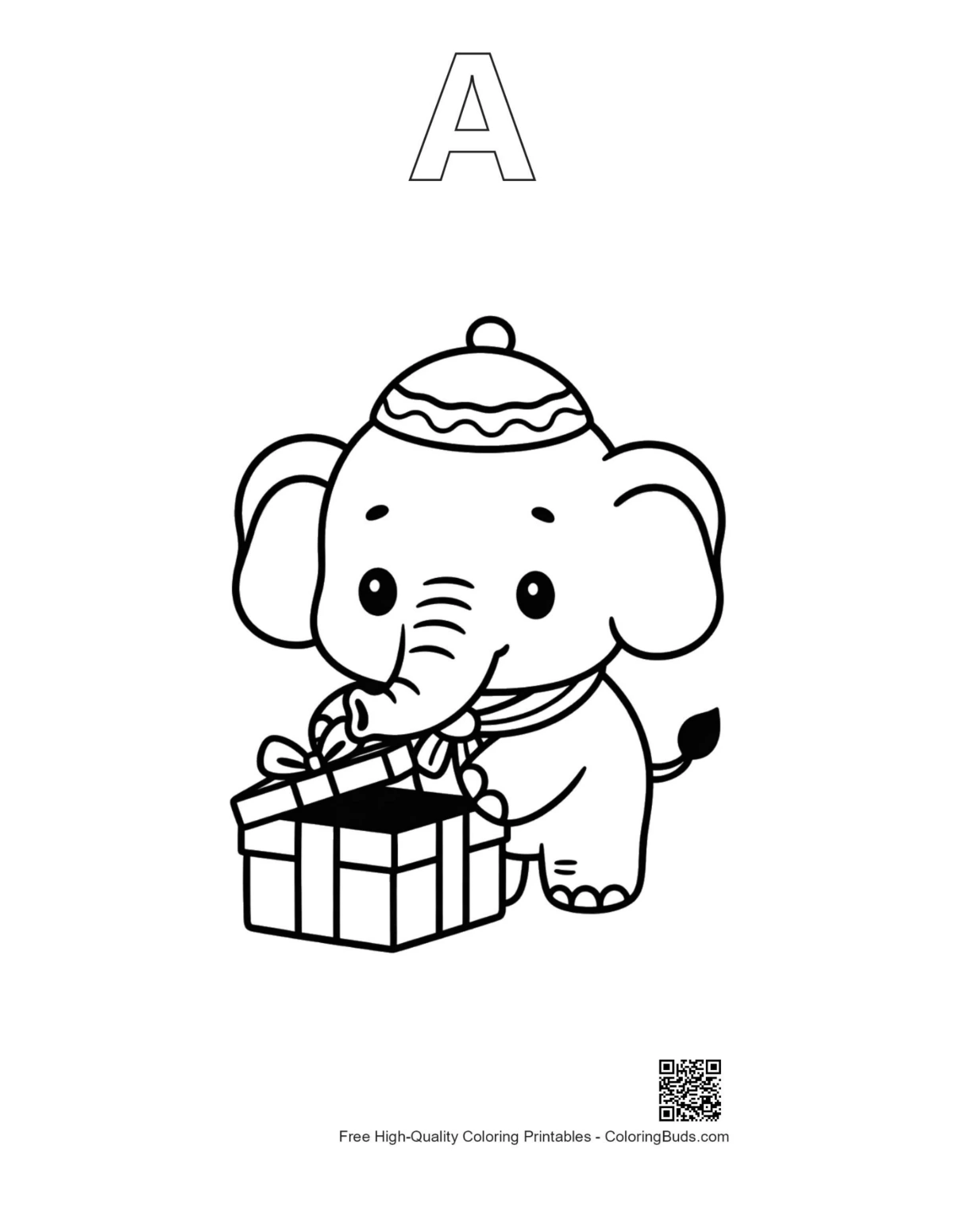 Baby Asian elephant gift box outline with alphabet A printable