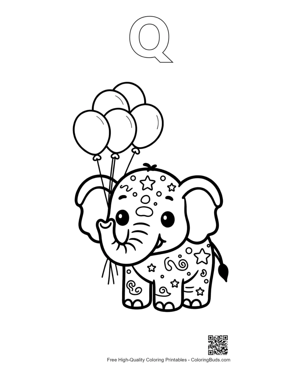 Baby elephant balloons Q outline Asian elephant coloring page