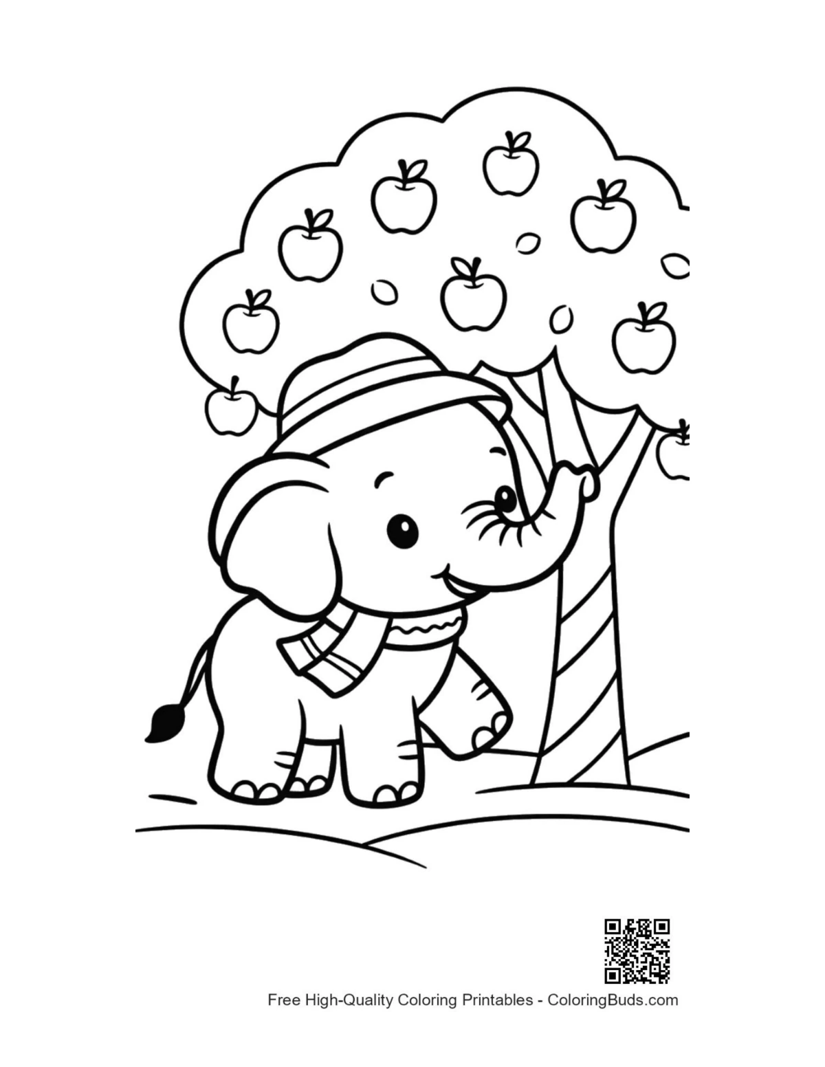 Cute Asian elephant calf holding apple under fruit tree