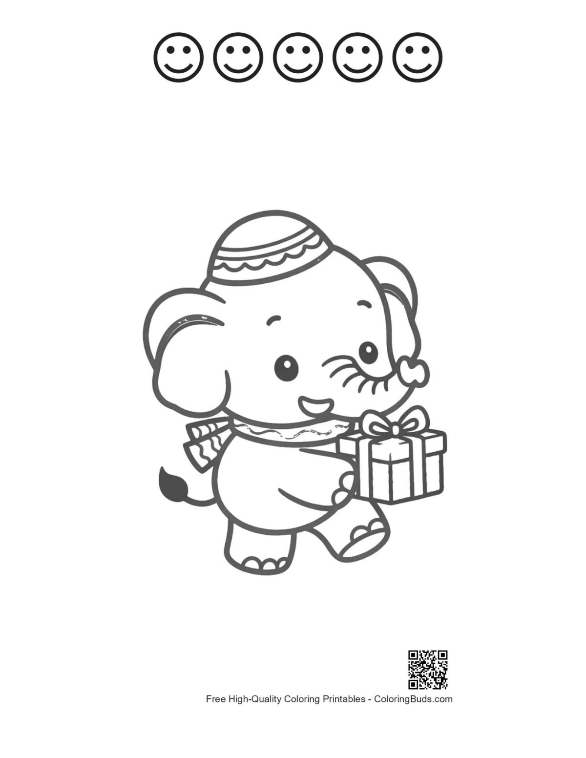 Free Asian elephant coloring with 5 happy face outlines