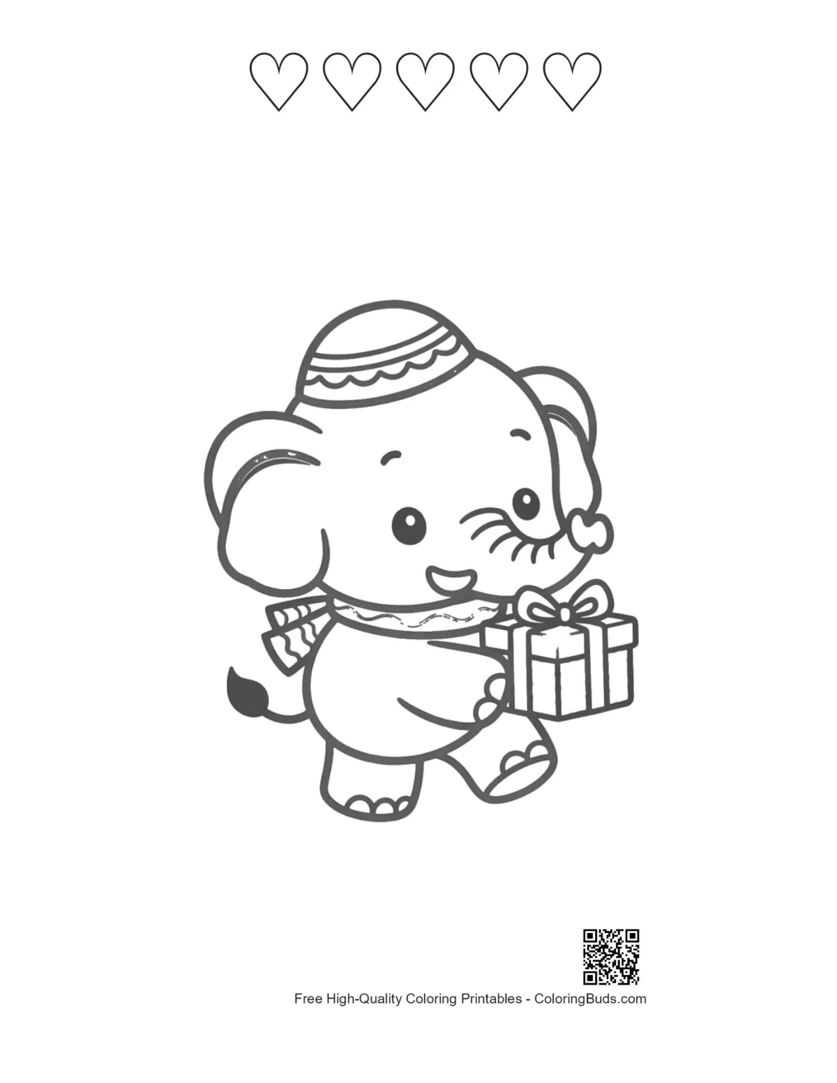 Printable Asian elephant page with 5 heart outlines