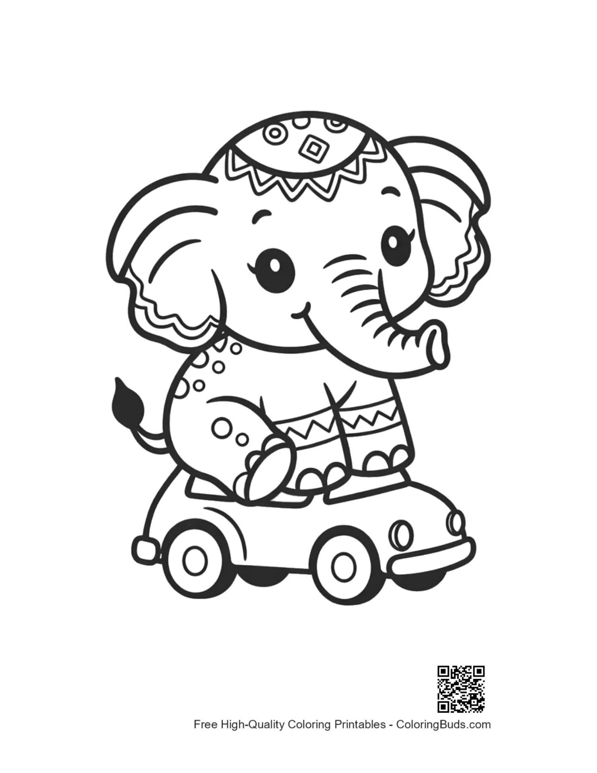 Cute baby Asian elephant driving toy car coloring page