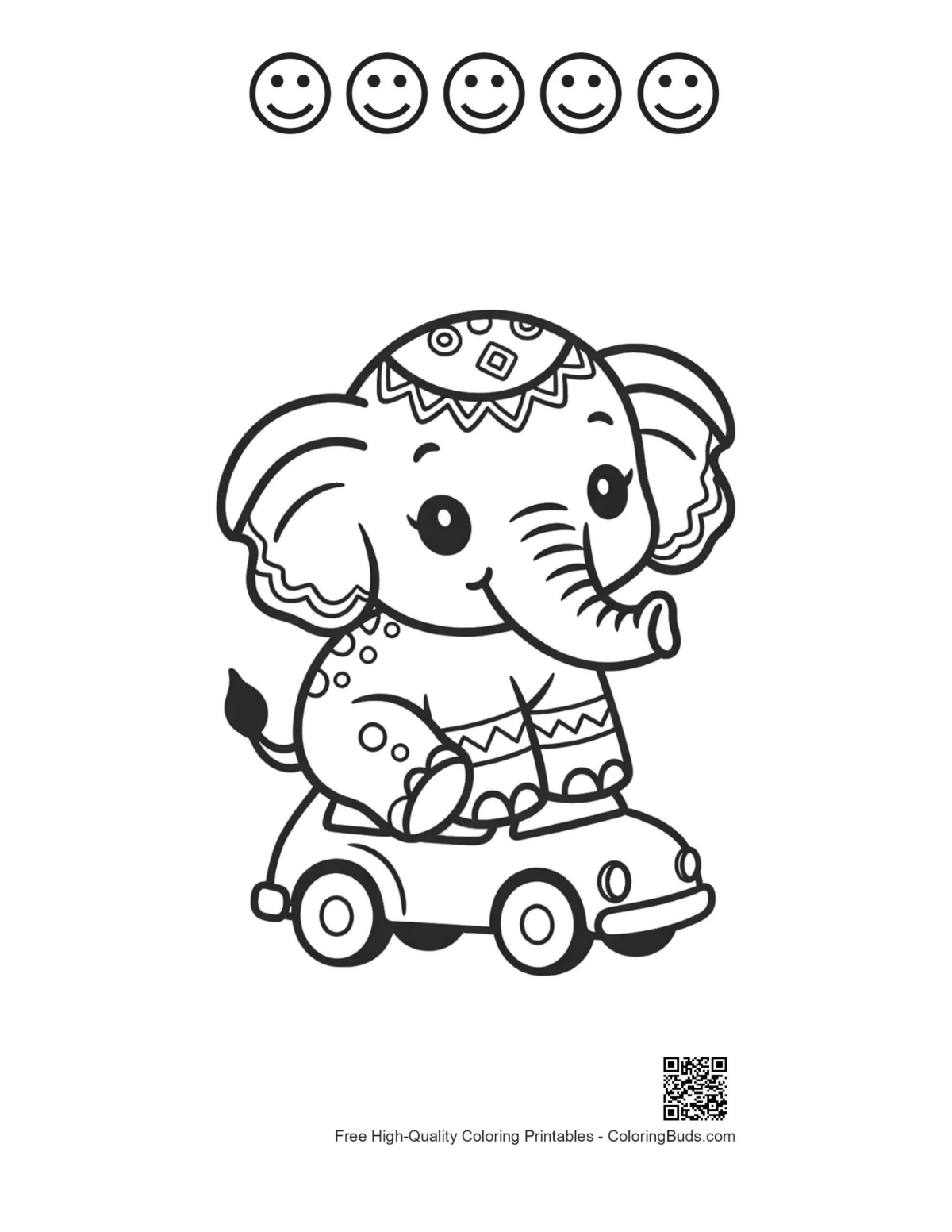 Happy face outline baby Asian elephant toy car page