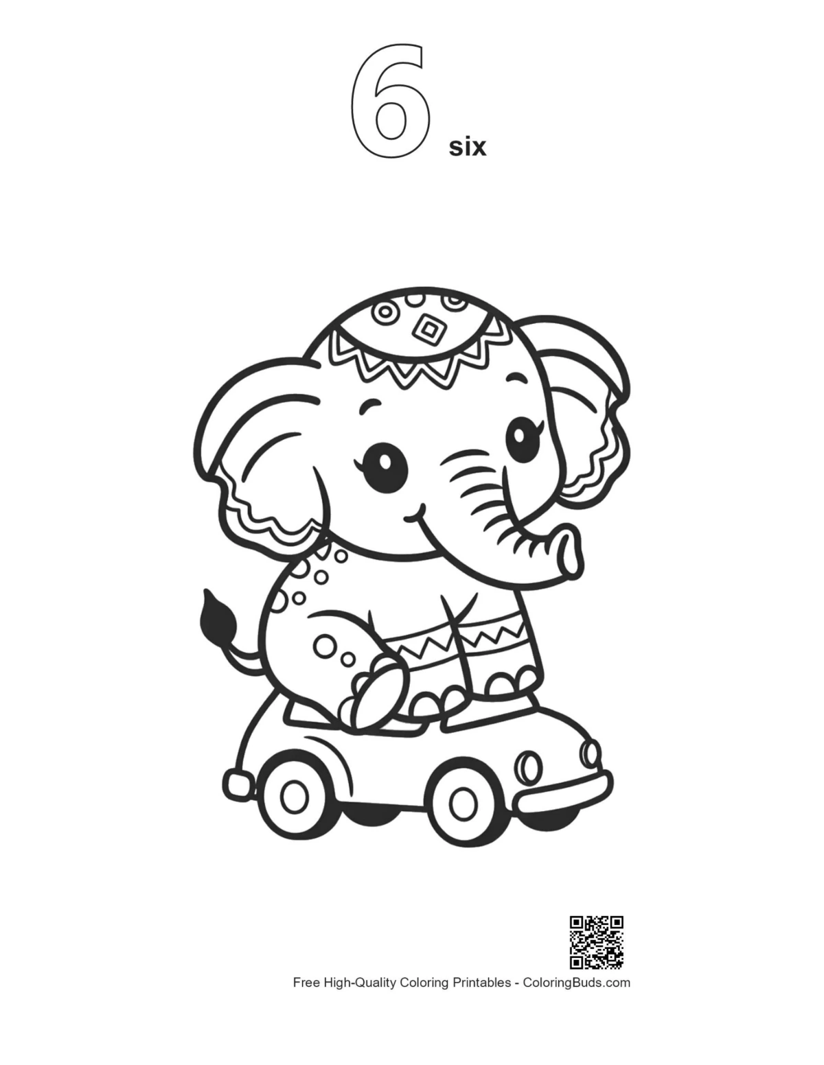 Numbered baby elephant driving toy car coloring outline