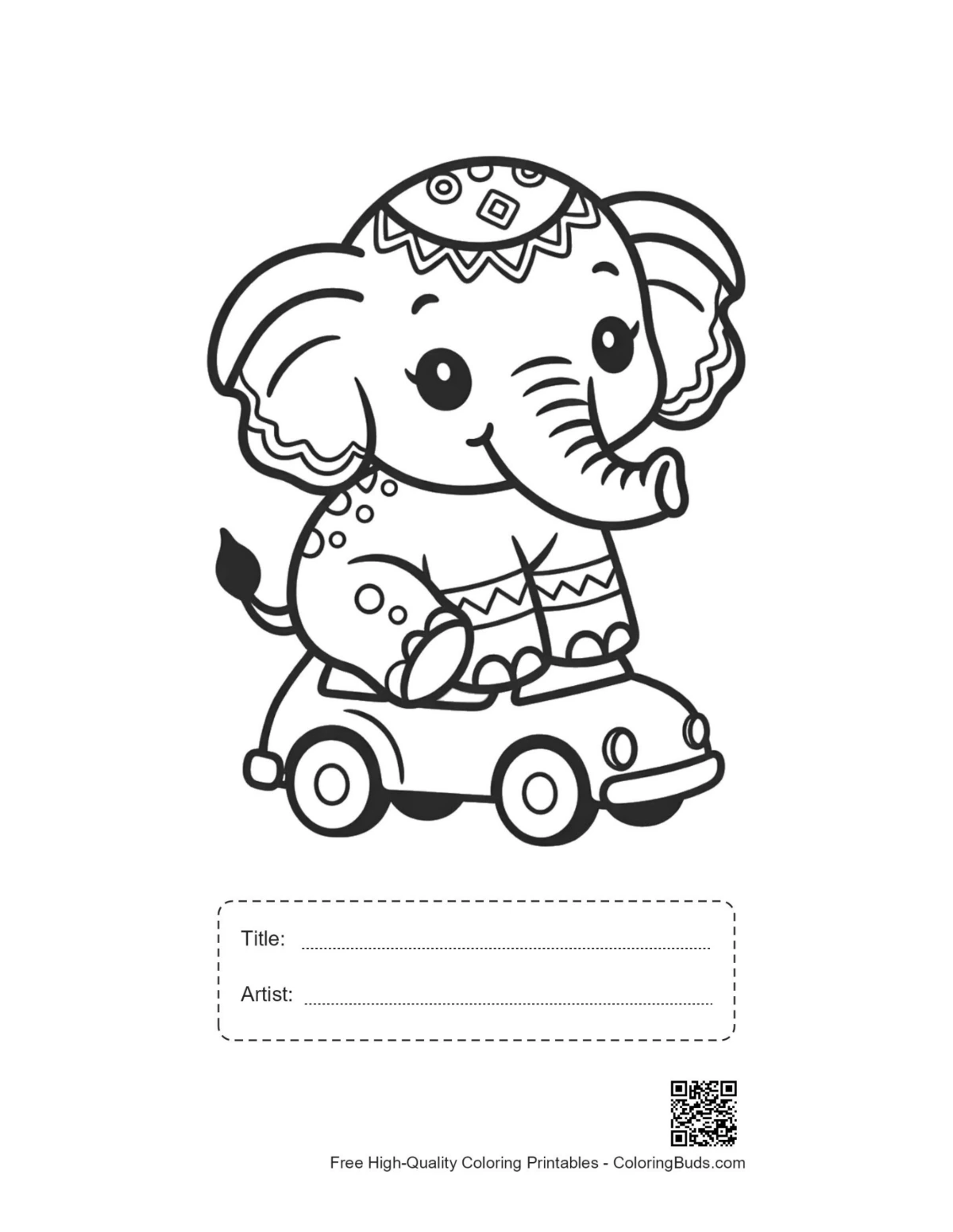 Baby Asian elephant toy car printable with title box