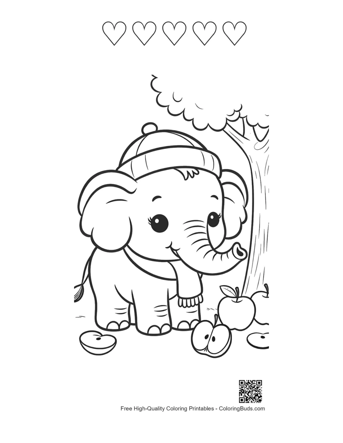 Baby elephant autumn printable with 5 hearts