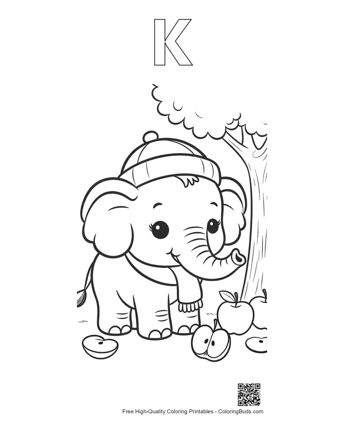 Baby elephant apples printable with alphabet K outline