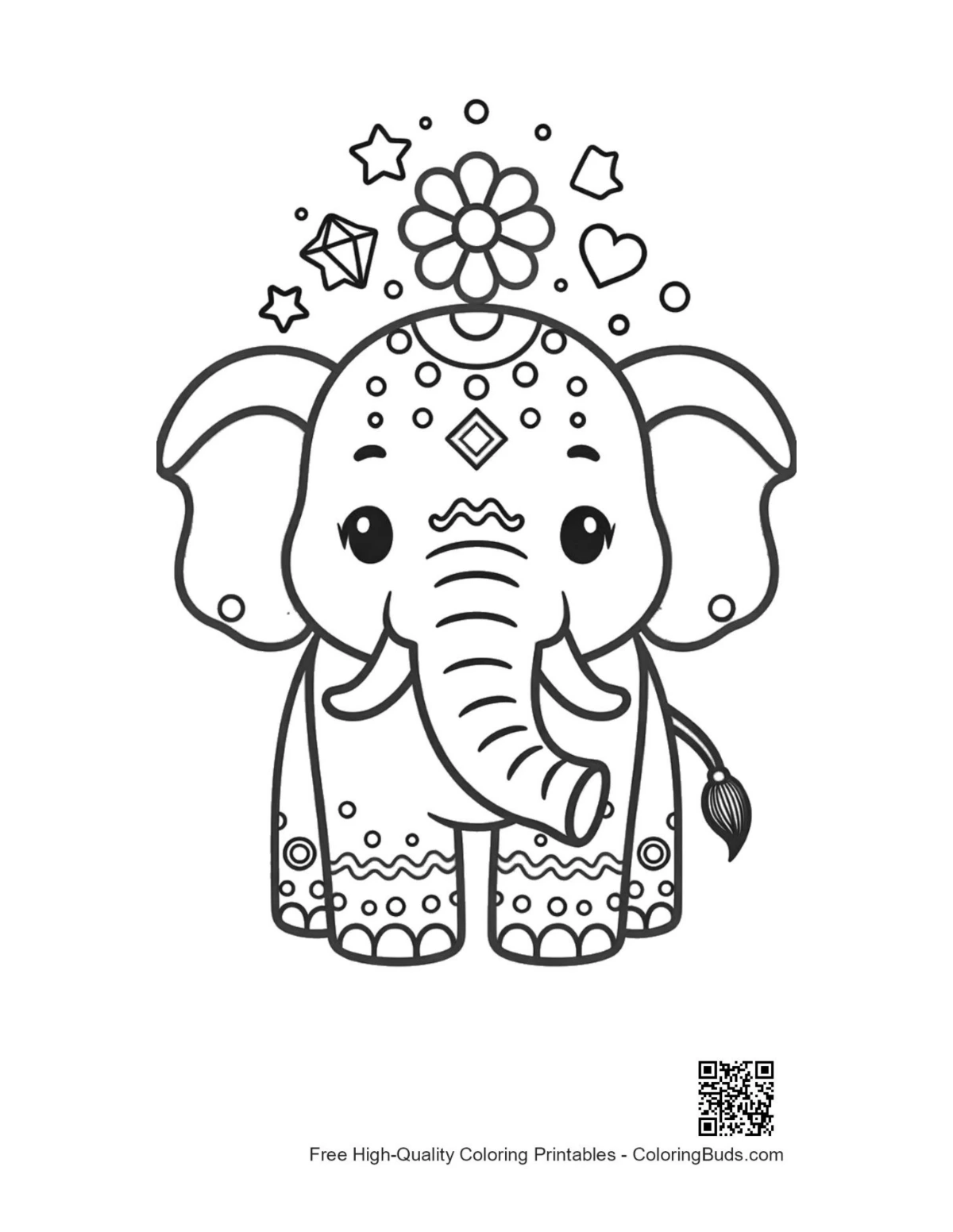 Cute Asian elephant calf floral patterns coloring printable