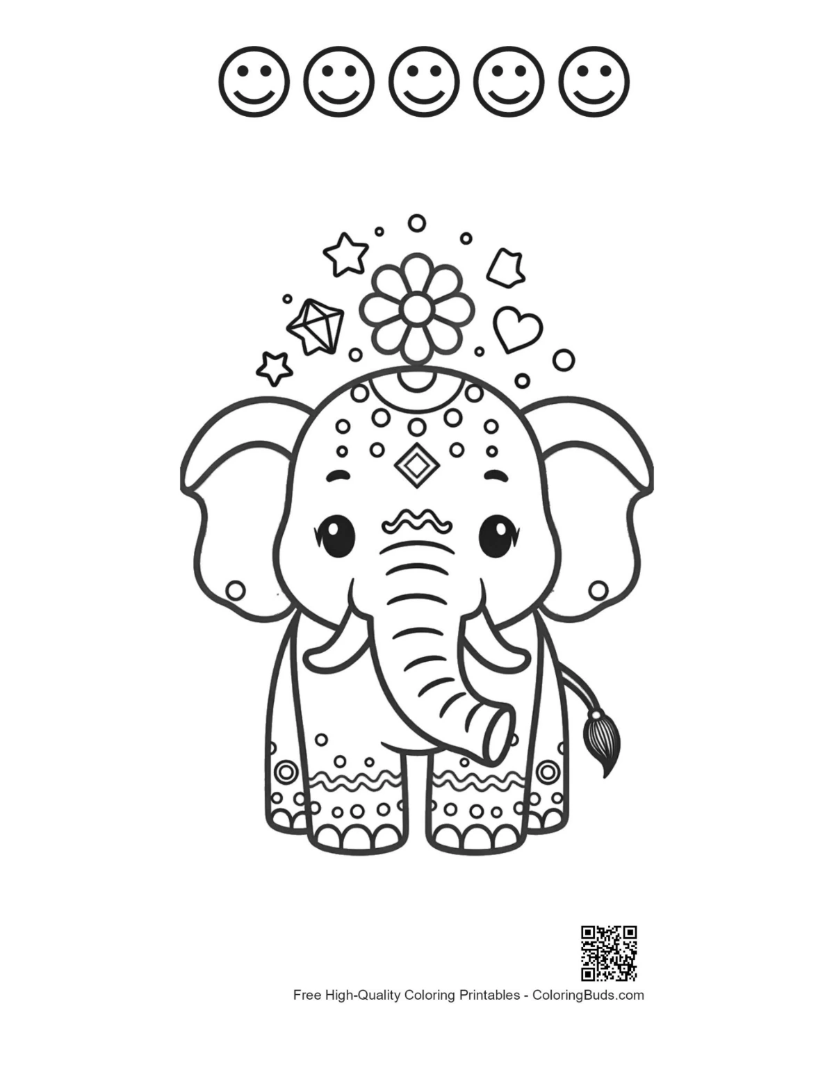 Cute elephant calf florals with 5 happy faces outline printable