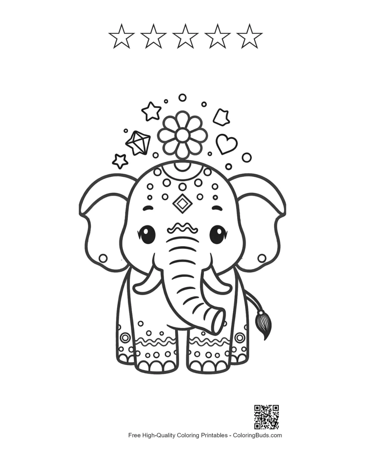 Elephant calf floral patterns with 5 star outlines printable