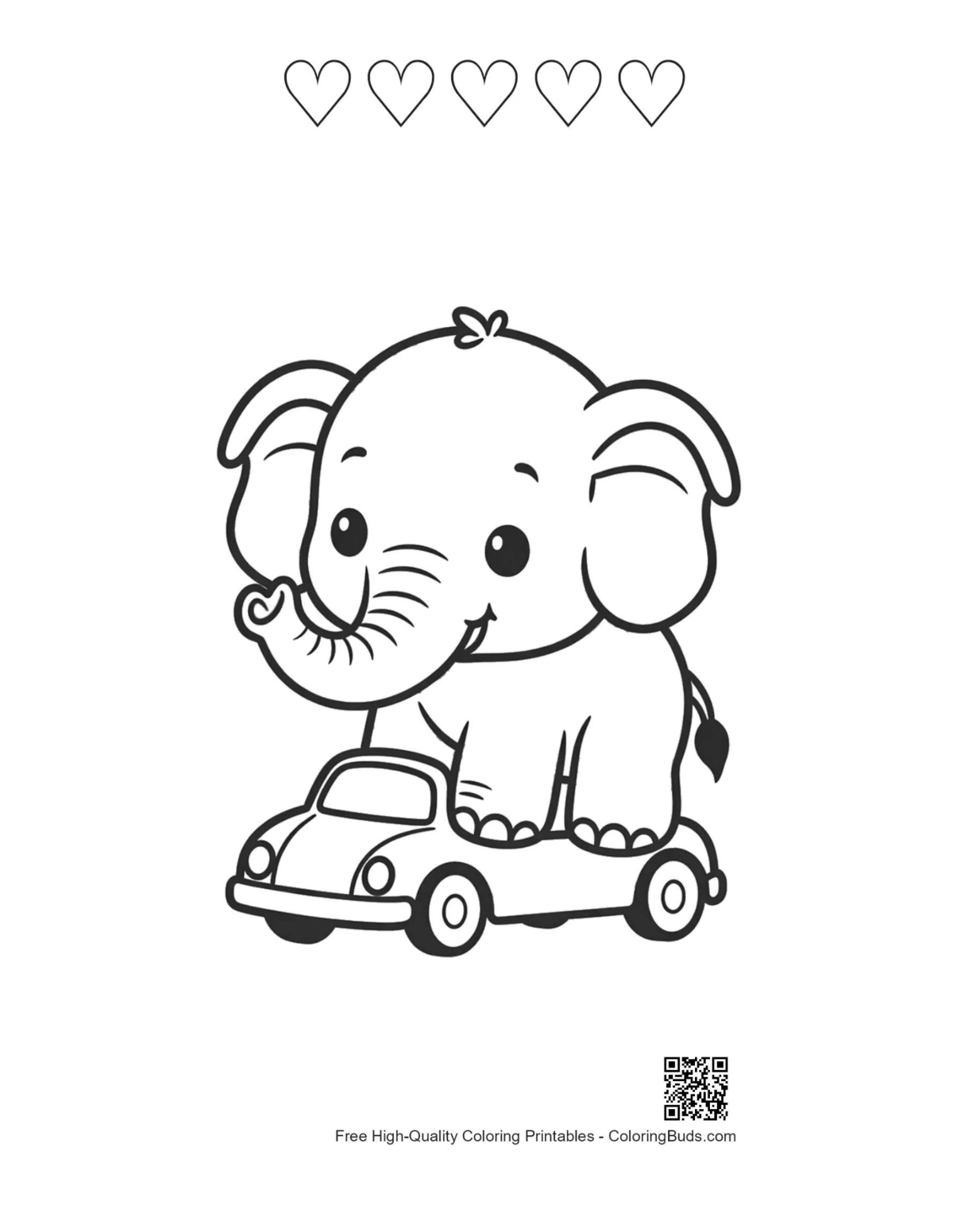 Elephant toy car florals 5 hearts coloring page