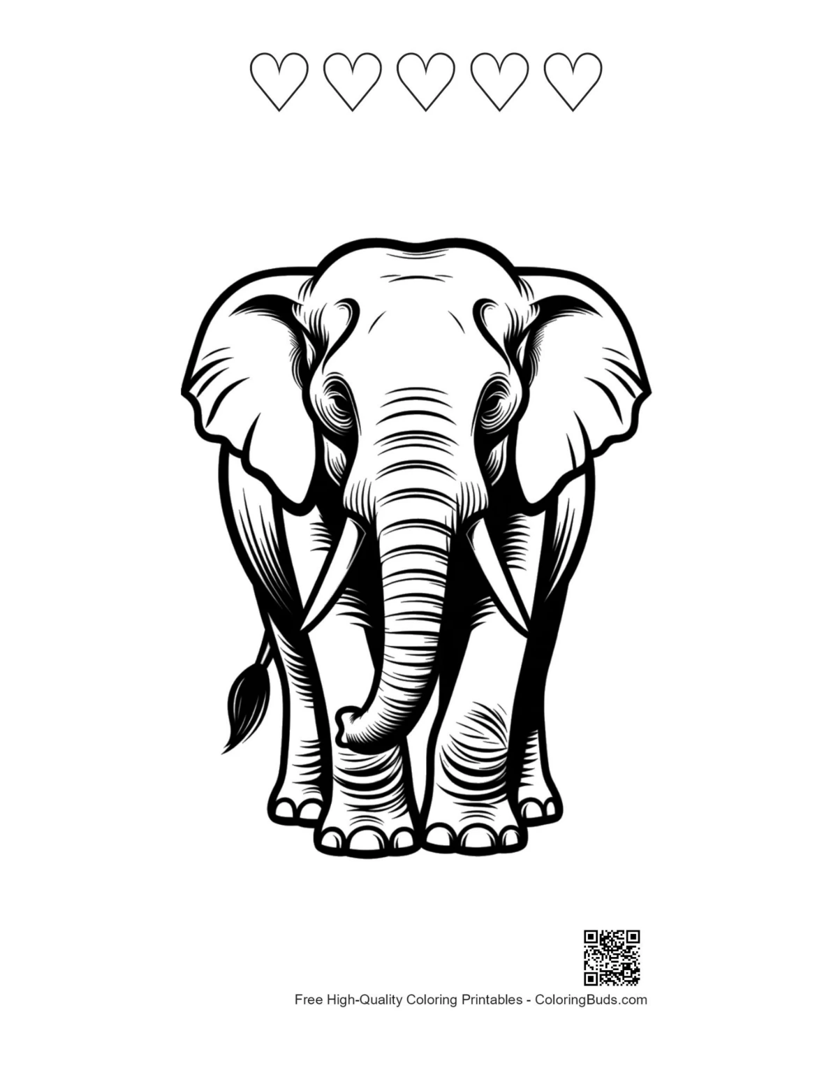Asian elephant line art printable with hearts