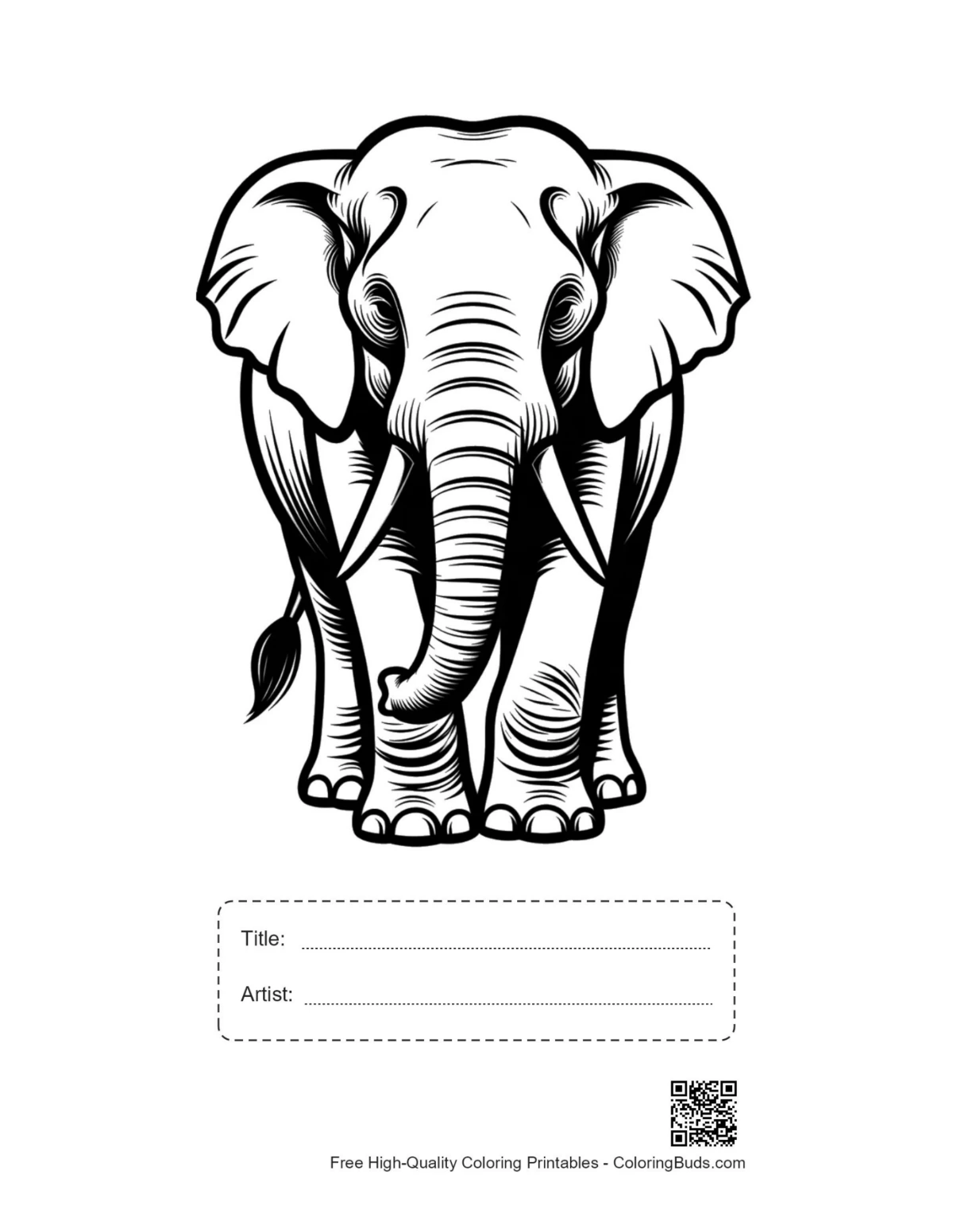 Printable Asian elephant line art with title box
