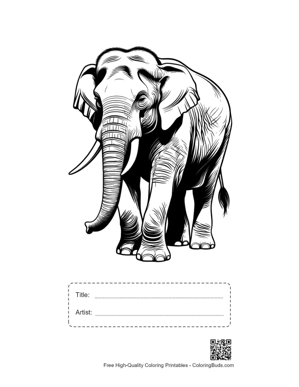 Printable Asian Elephant line art with title box