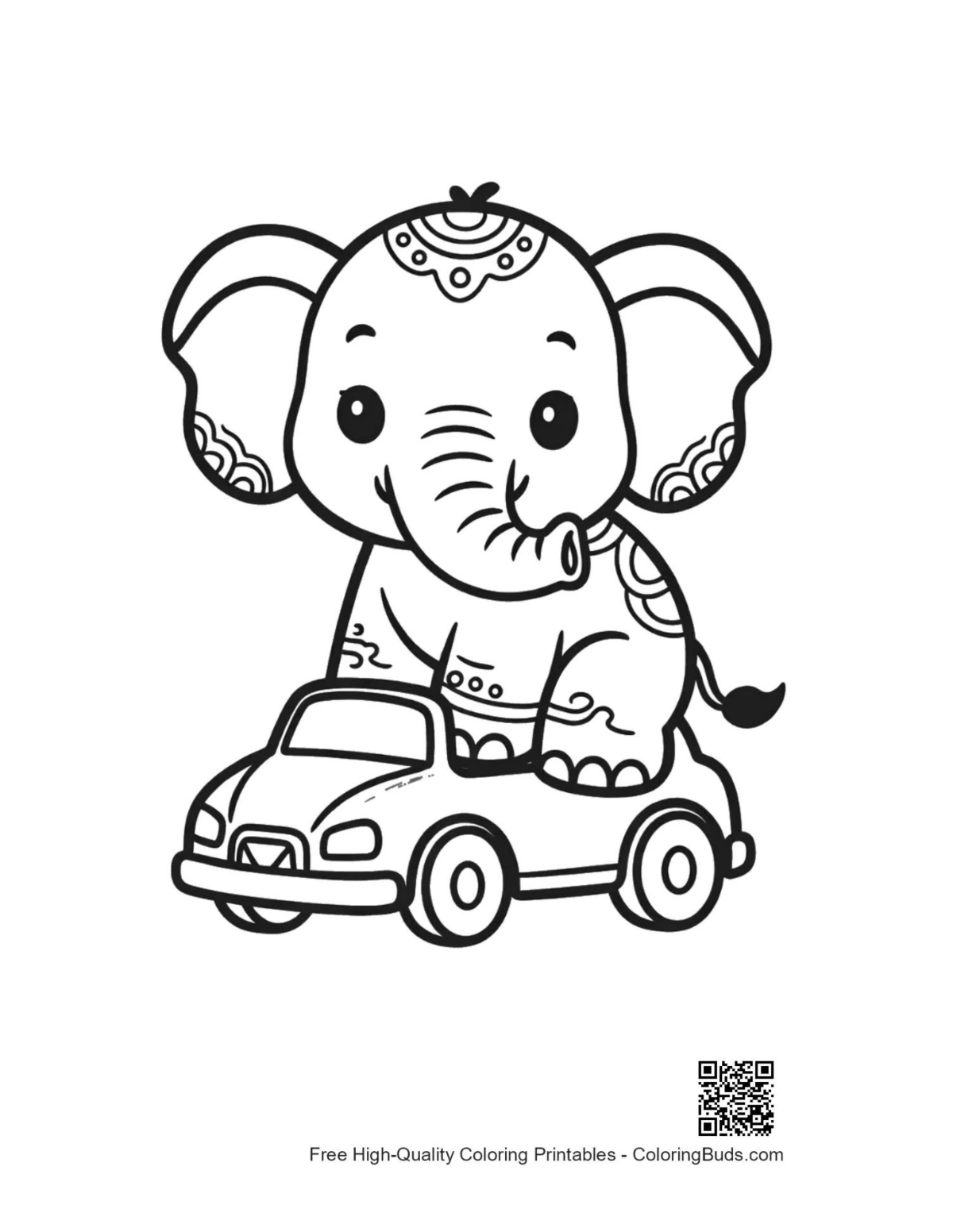 Cute Asian elephant calf driving car printable