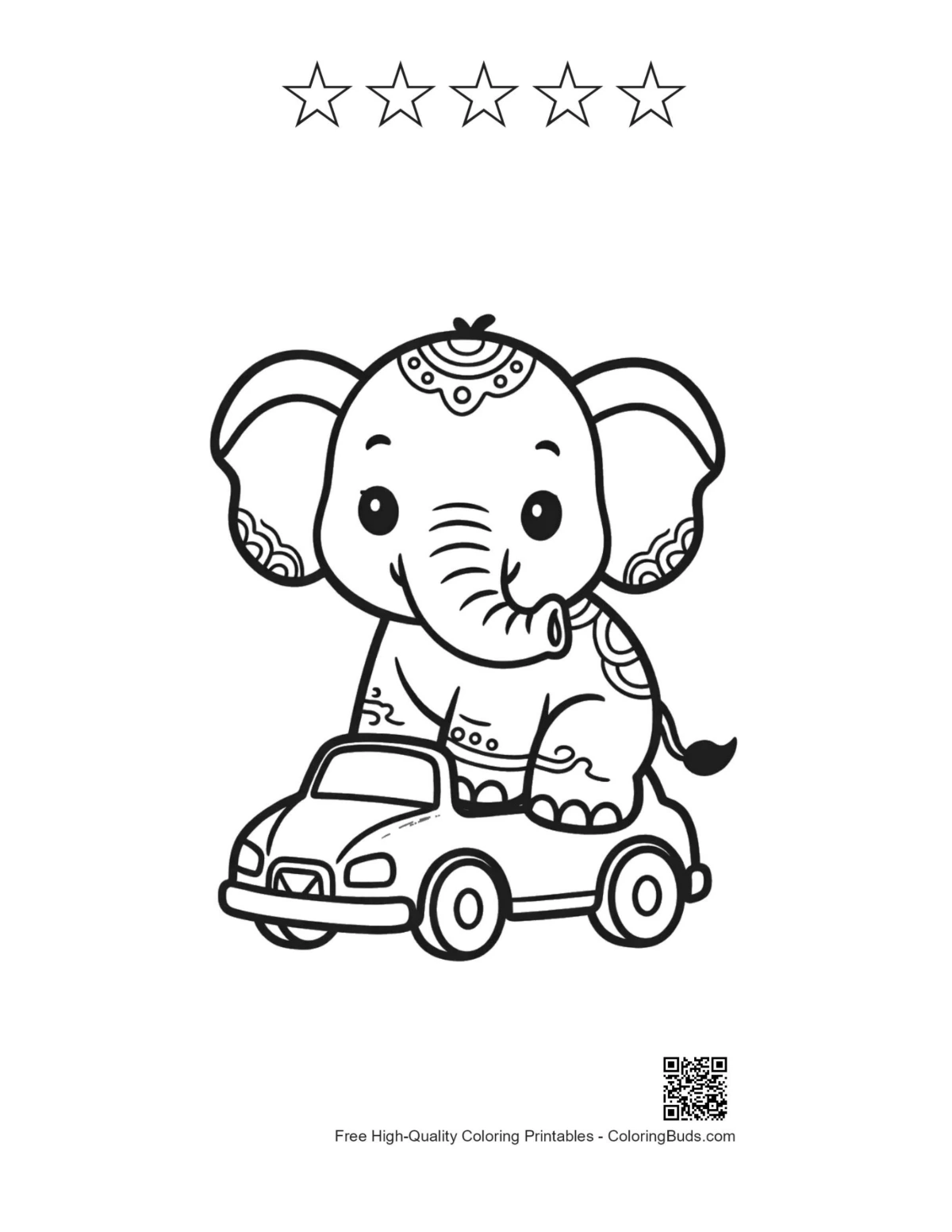 Smiling elephant calf car with star outlines printable
