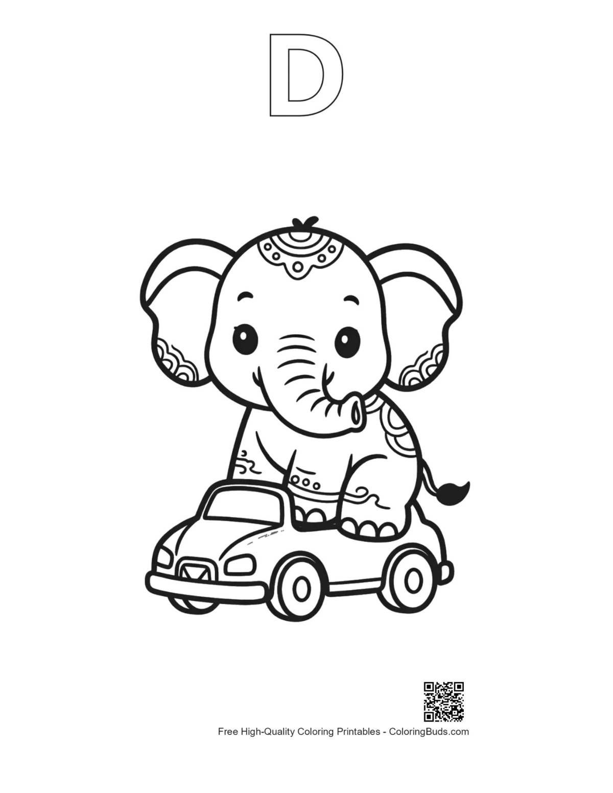 Elephant calf car printable with alphabet D outline