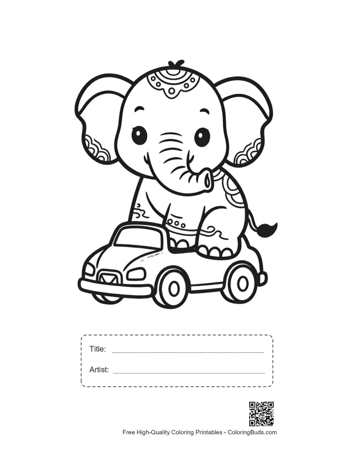 Printable elephant calf car driver with title box