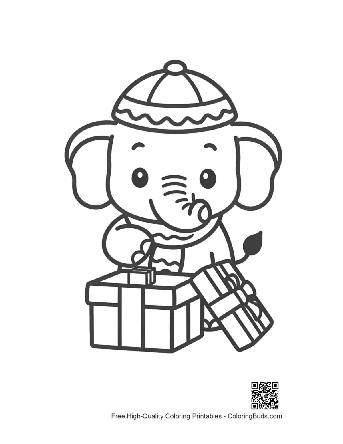 Sweet Asian elephant calf with two gift boxes coloring page
