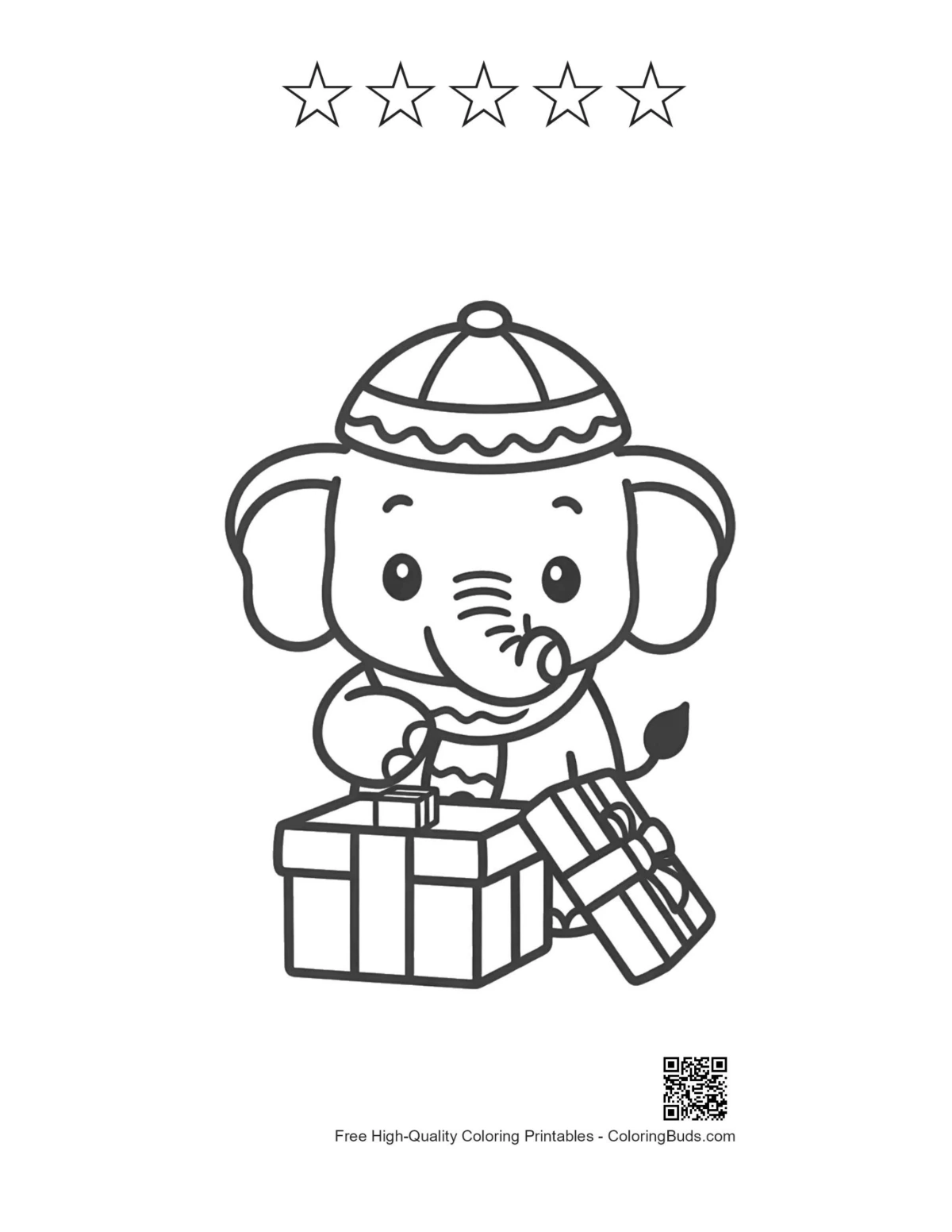 Elephant calf with gifts and 5 star outlines coloring printable