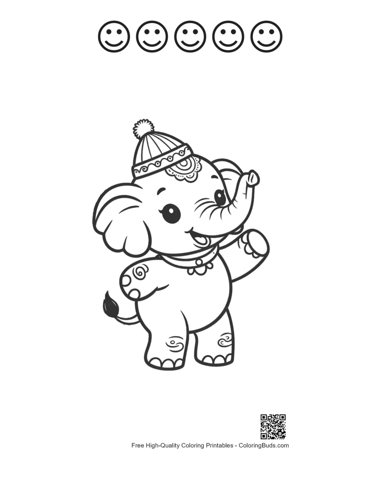 Sweet elephant calf printable with 5 happy faces