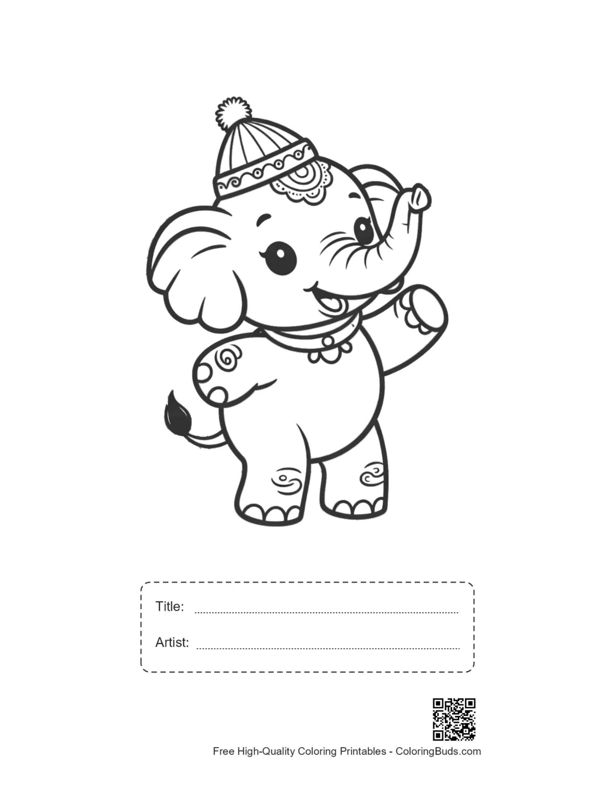 Sweet elephant calf waving printable with title box