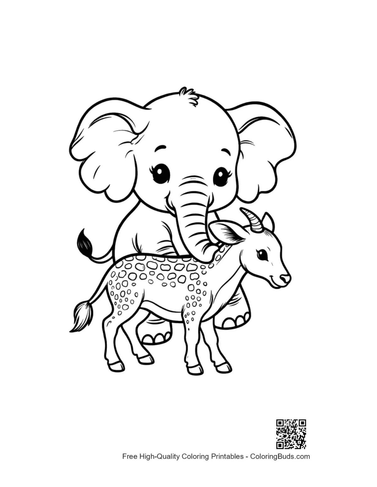 Cute baby elephant cuddling spotted fawn