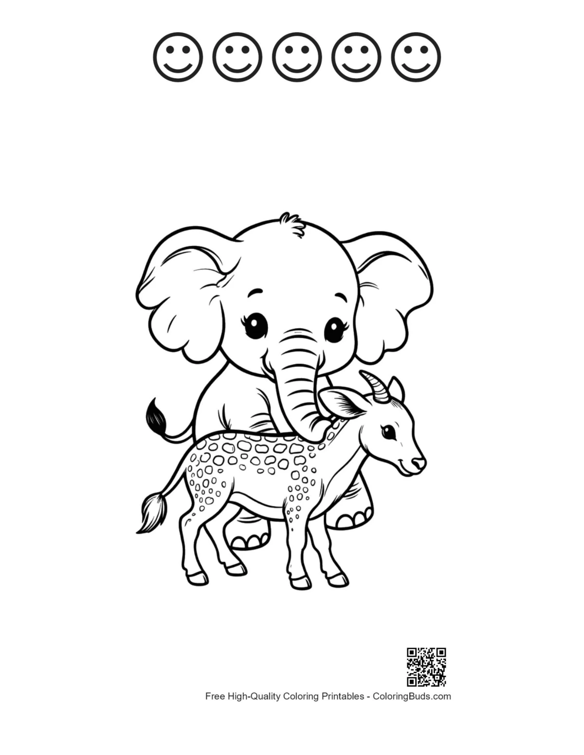 Baby elephant fawn cuddling with happy faces outline